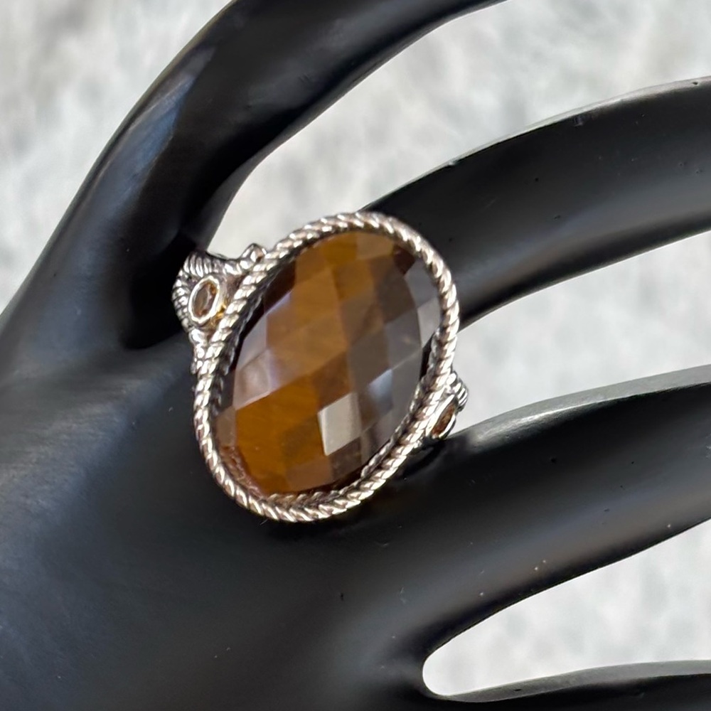 Faceted Tiger Eye & Citrine Sterling Silver Ring size 8